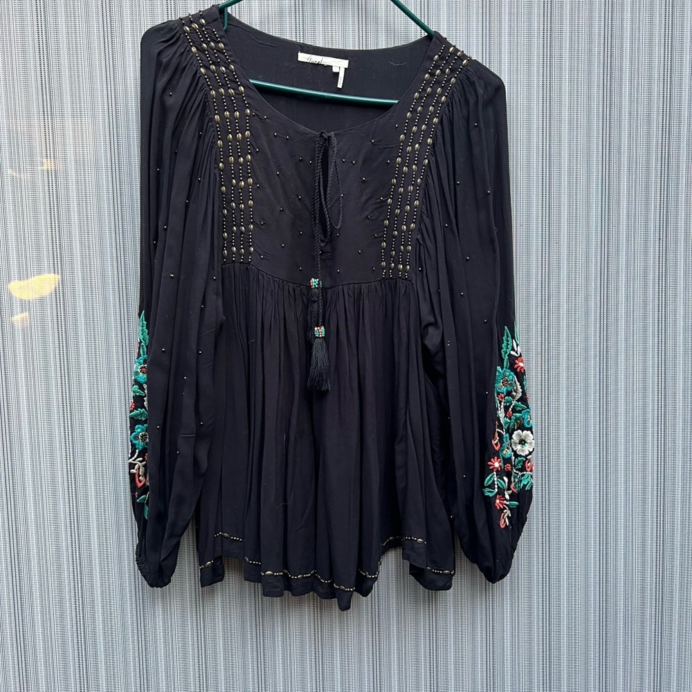 Floreat Black Blouse with Floral Embroidery